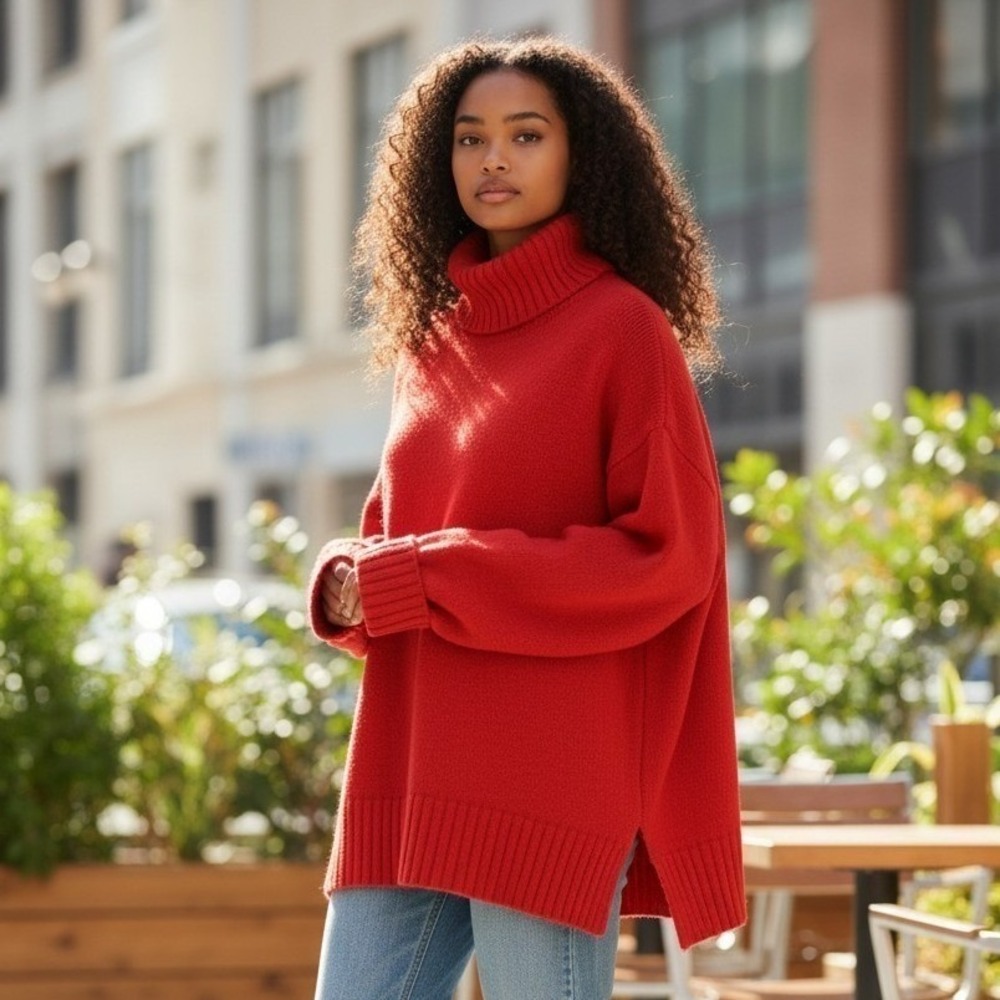 Express Tricot Red Oversized Turtleneck Sweater Chunky Knit Side Slit Large